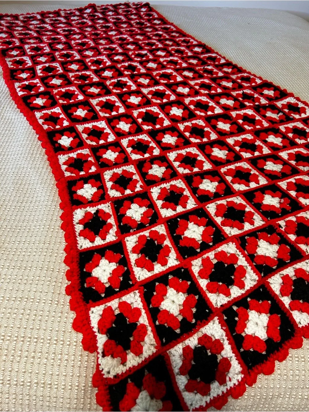 Handmade Crochet Granny Square Throw - Red, Black & White